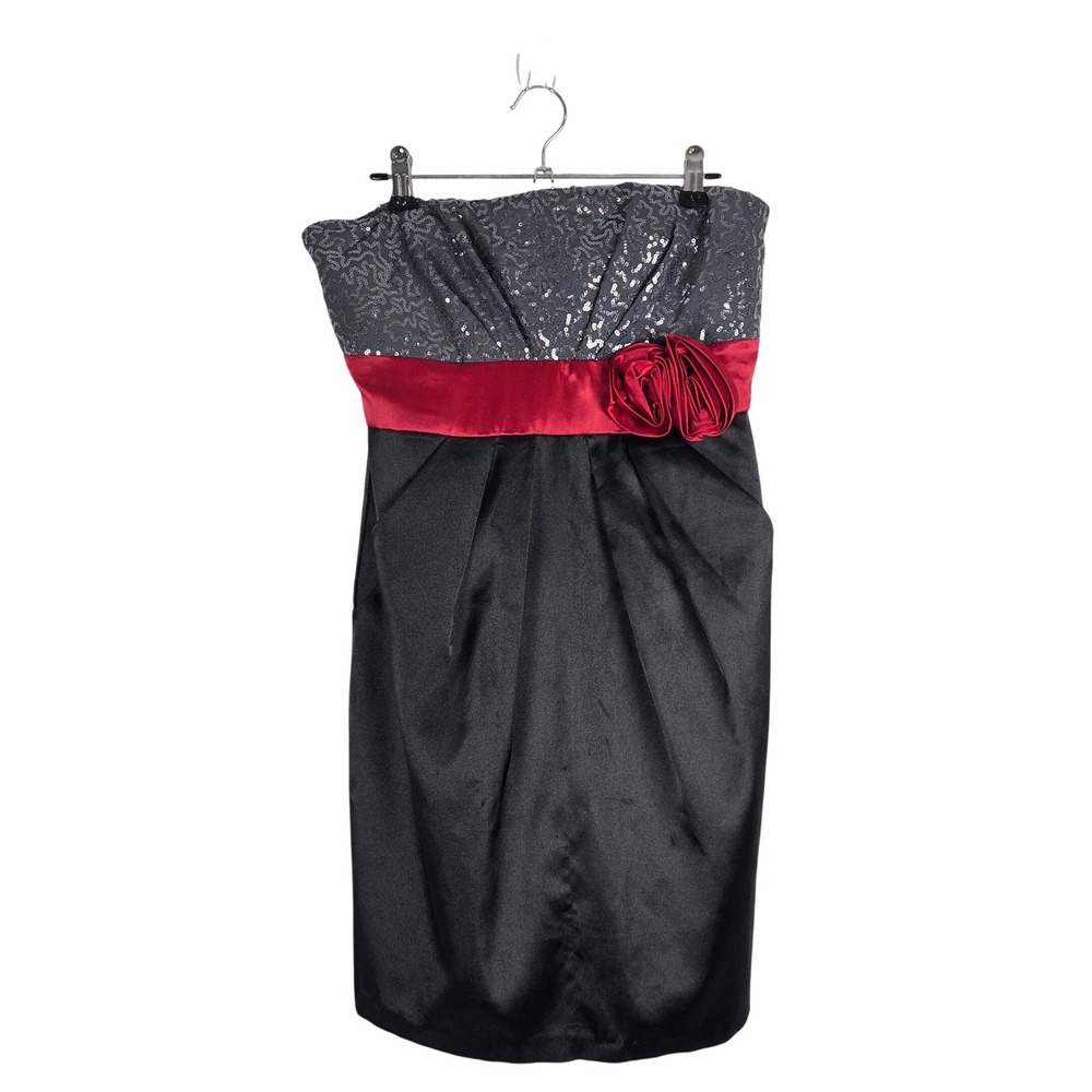 Vtg Y2K Red Black Strapless Sequin Satin Rose Mini Dress Sz 9 Whimsigoth HOCO